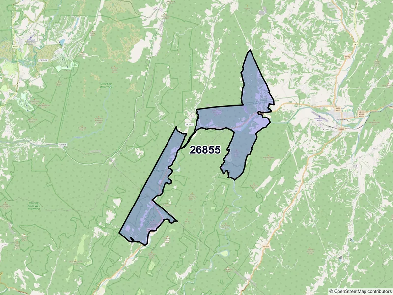 Map of ZIP Code 26855 — Cabins, WV