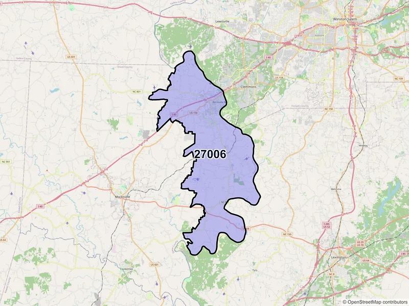 Map of Advance, North Carolina and ZIP codes