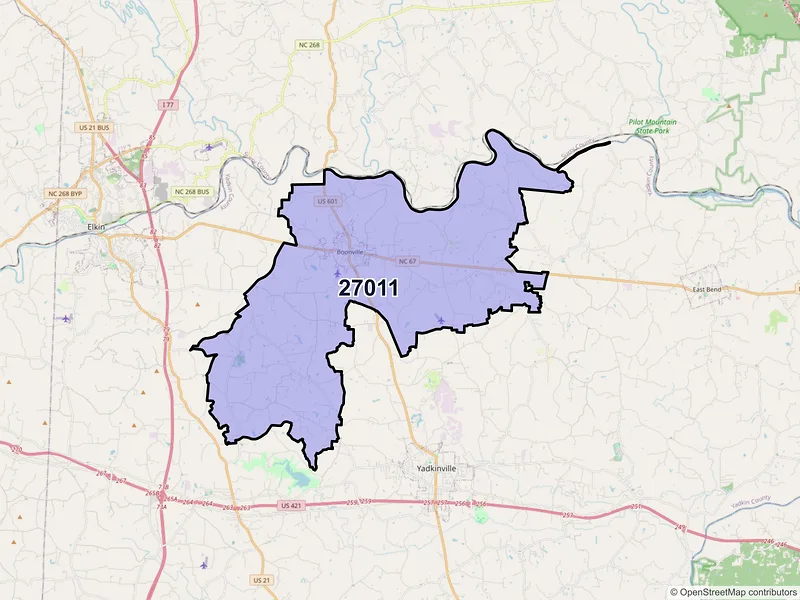 Map of ZIP Code 27011 — Boonville, NC