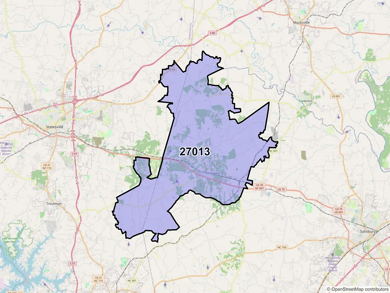 Map of Cleveland, North Carolina and ZIP codes
