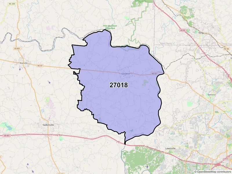 Map of East Bend, North Carolina and ZIP codes