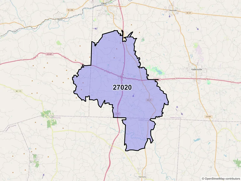 Map of ZIP Code 27020 — Hamptonville, NC