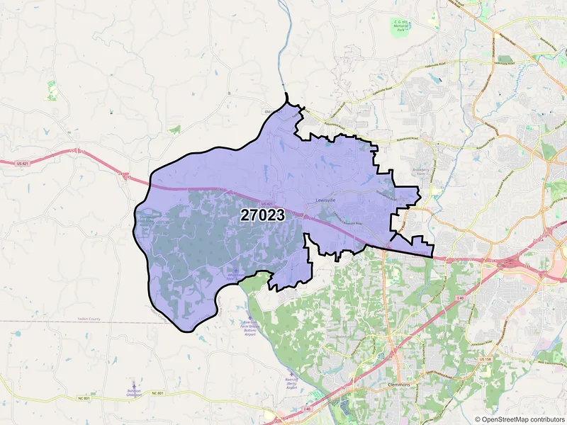 Map of ZIP Code 27023 — Lewisville, NC