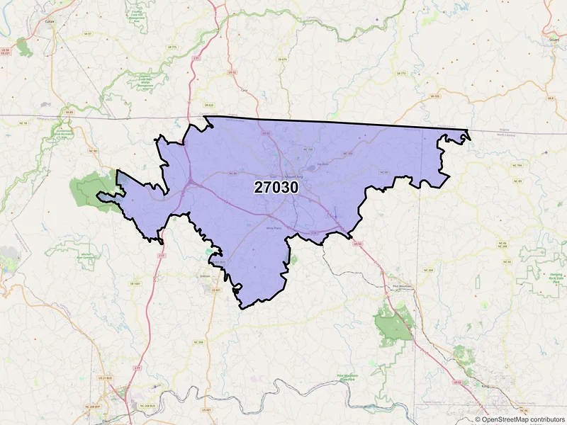 Map of ZIP Code 27030 — Mount Airy, NC