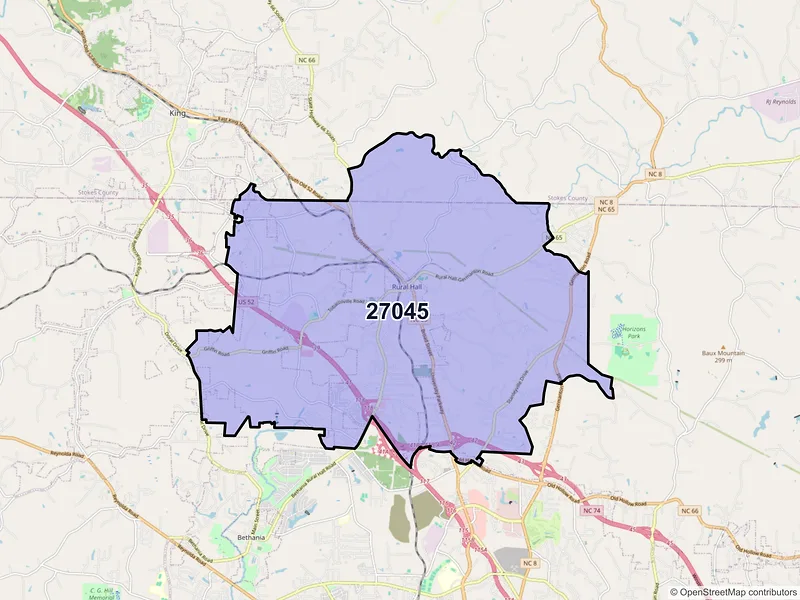 Map of ZIP Code 27045 — Rural Hall, NC