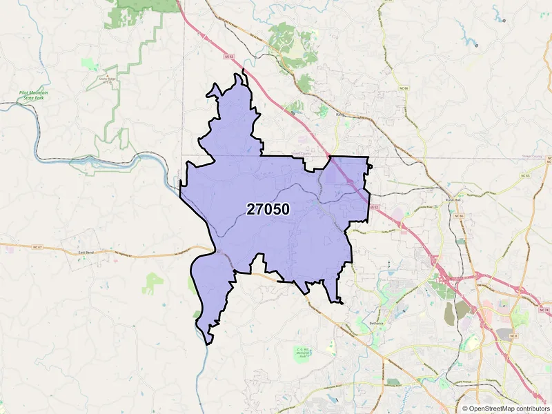 Map of ZIP Code 27050 — Tobaccoville, NC