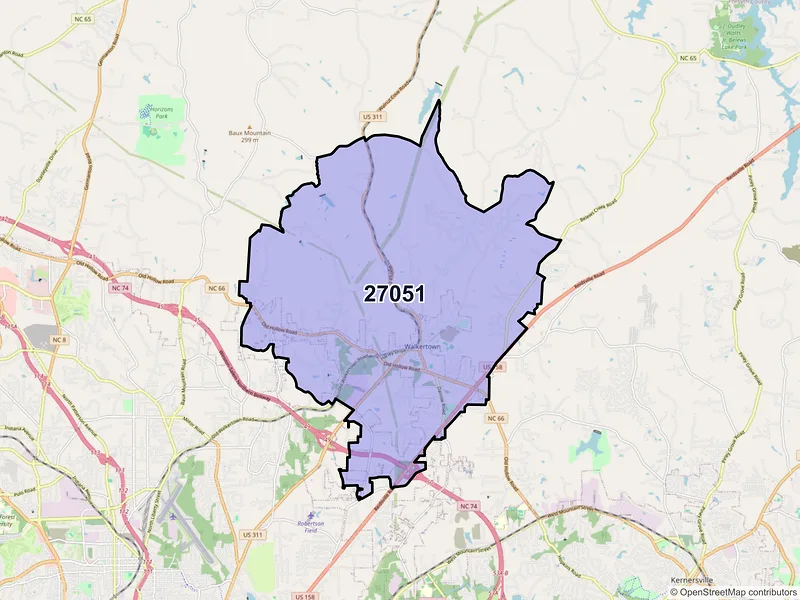 Map of ZIP Code 27051 — Walkertown, NC