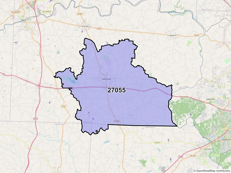Map of ZIP Code 27055 — Yadkinville, NC