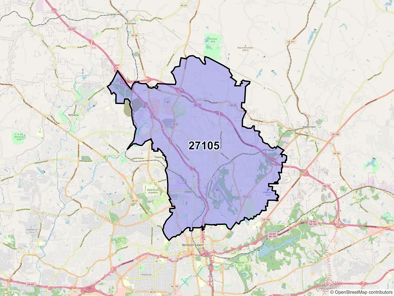 Map of ZIP Code 27105 — Winston Salem, NC
