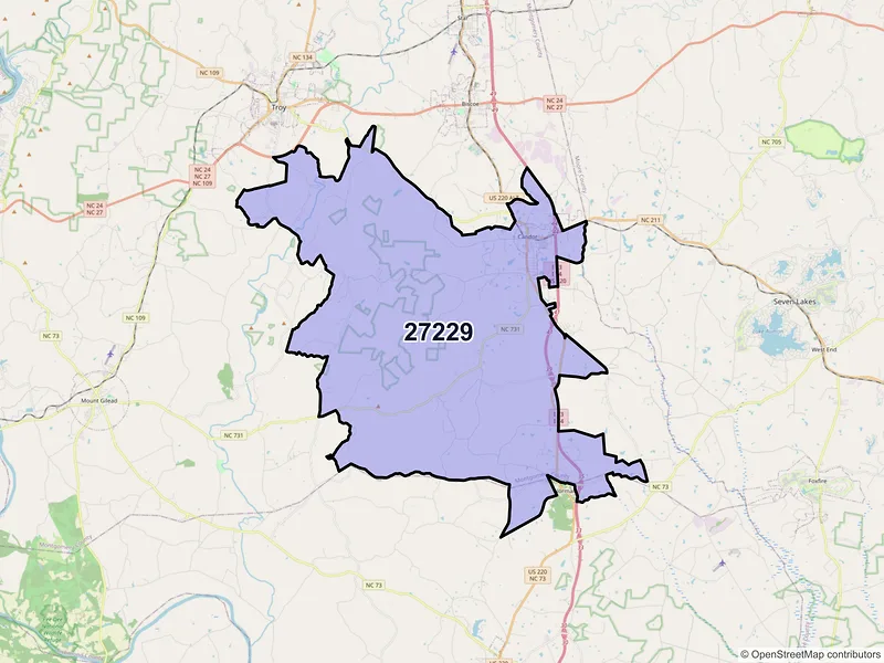 Map of ZIP Code 27229 — Candor, NC