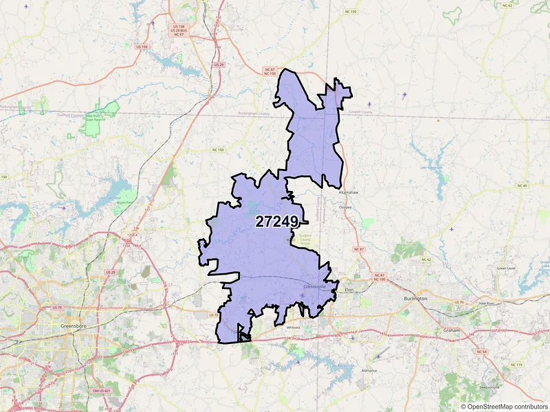 Map of ZIP Code 27249 — Gibsonville, NC