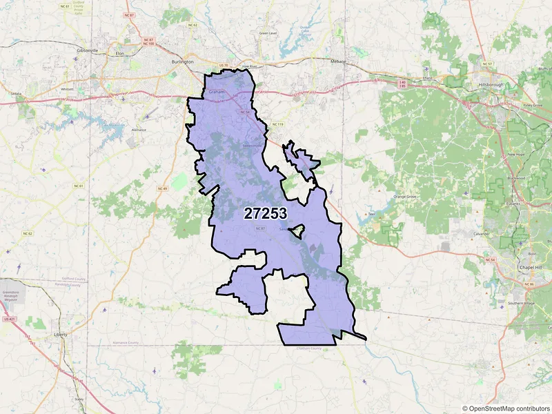 Map of Graham, North Carolina and ZIP codes