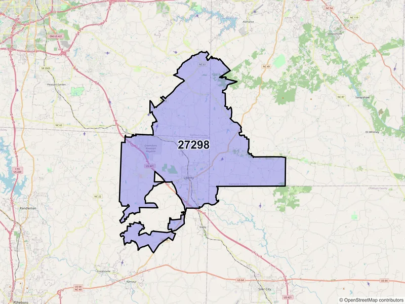 Map of Liberty, North Carolina and ZIP codes