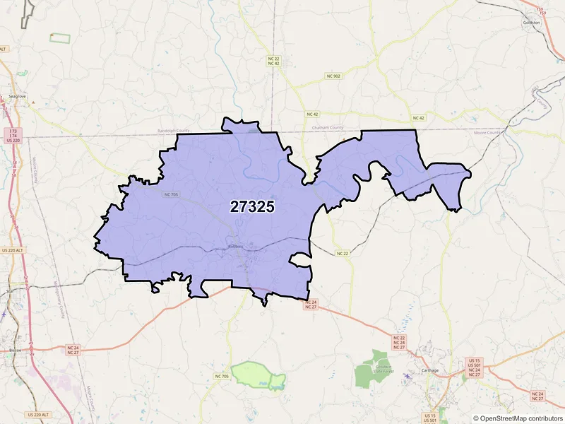 Map of ZIP Code 27325 — Robbins, NC