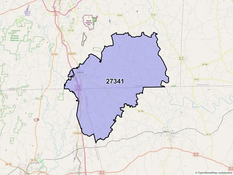 Map of ZIP Code 27341 — Seagrove, NC