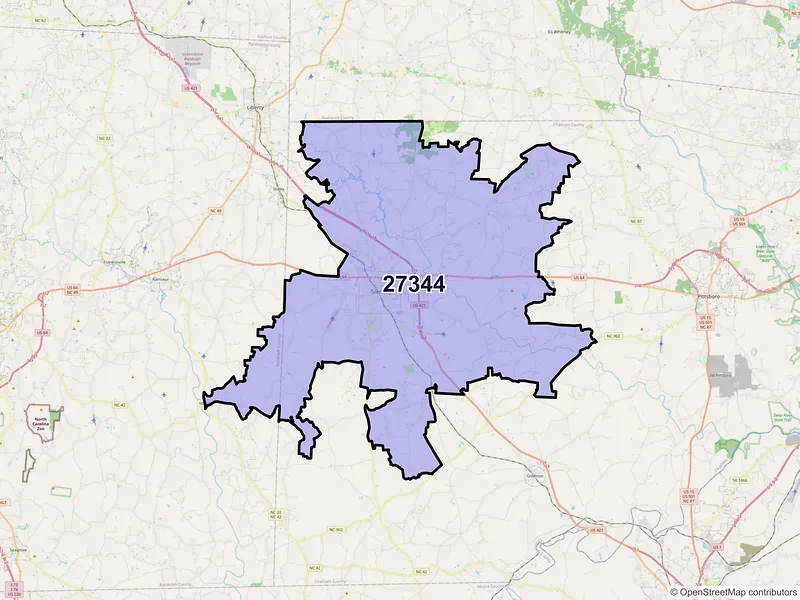 Map of ZIP Code 27344 — Siler City, NC