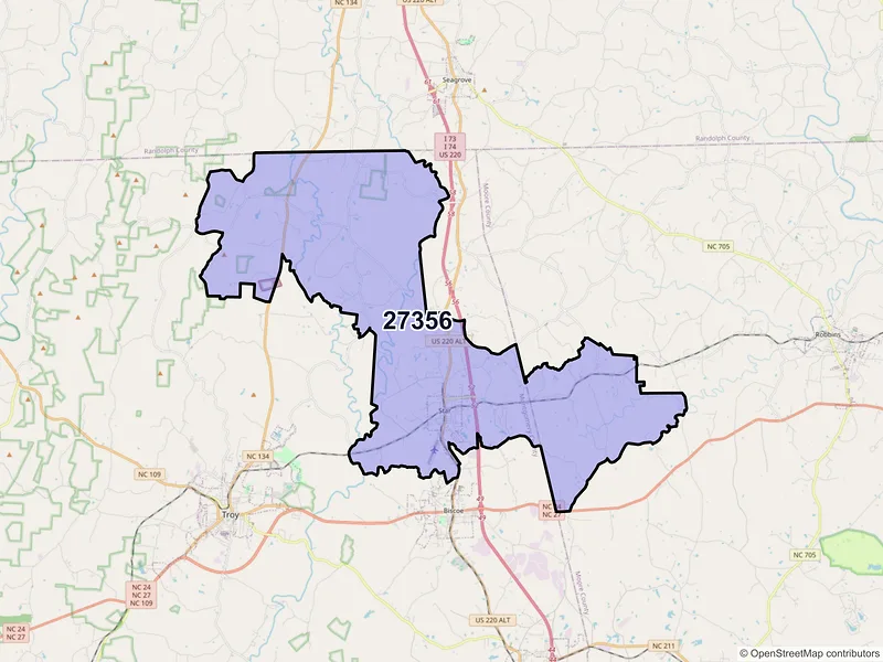 Map of ZIP Code 27356 — Star, NC