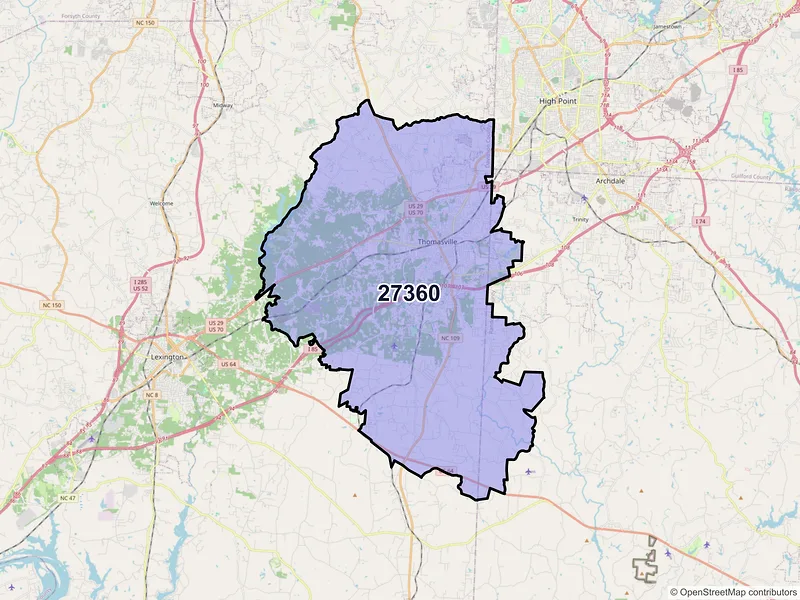 Map of ZIP Code 27360 — Thomasville, NC