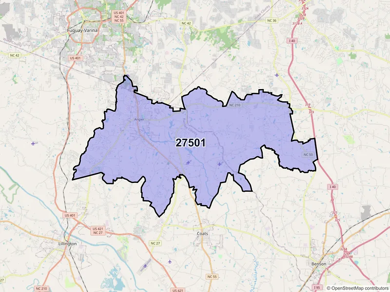 Map of Angier, North Carolina and ZIP codes