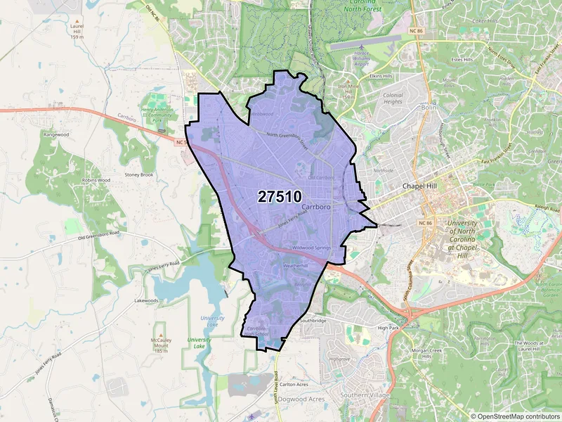 Map of Carrboro, North Carolina and ZIP codes