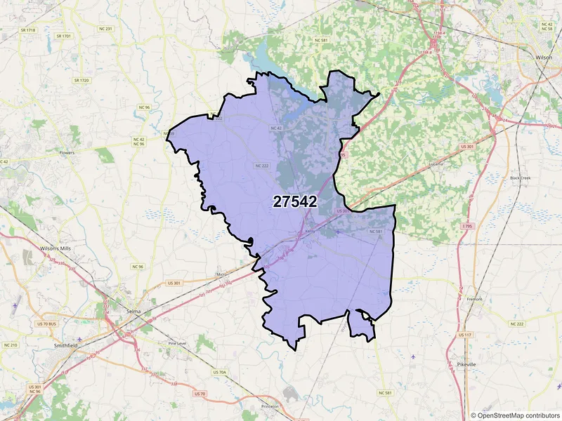 Map of ZIP Code 27542 — Kenly, NC