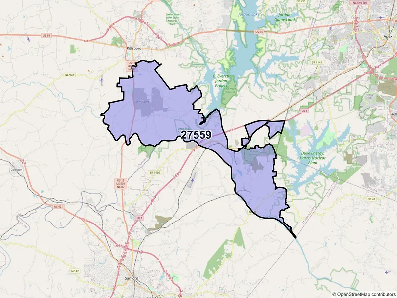Map of Moncure, North Carolina and ZIP codes
