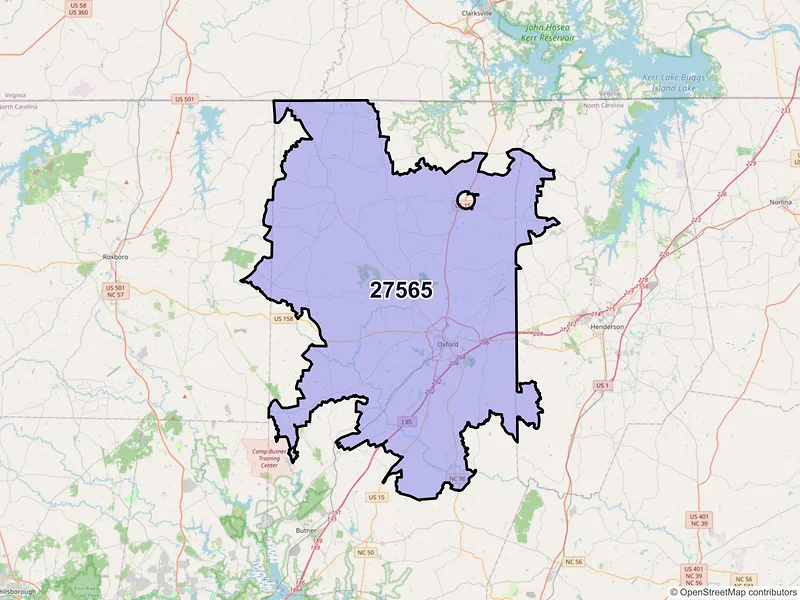 Map of Oxford, North Carolina and ZIP codes