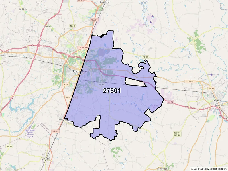 Map of ZIP Code 27801 — Rocky Mount, NC