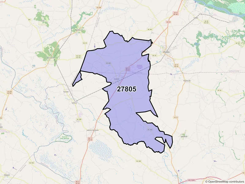 Map of ZIP Code 27805 — Aulander, NC