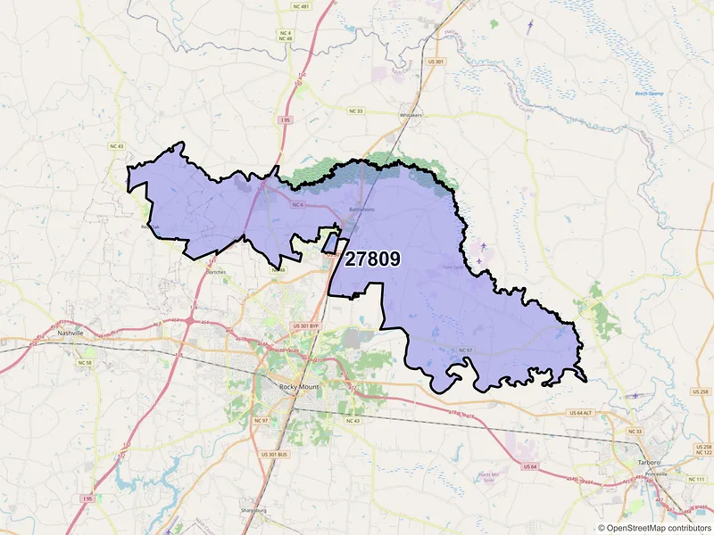 Map of ZIP Code 27809 — Battleboro, NC