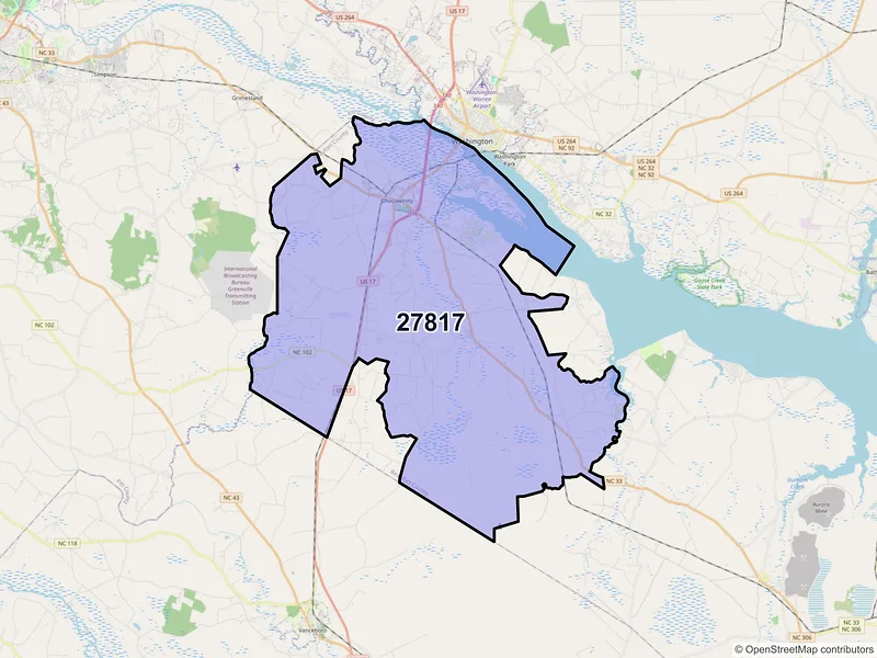 Map of ZIP Code 27817 — Chocowinity, NC