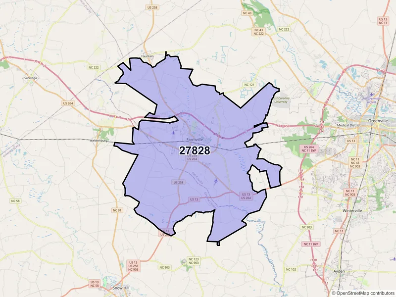Map of ZIP Code 27828 — Farmville, NC