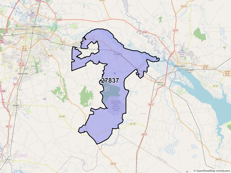 Map of ZIP Code 27837 — Grimesland, NC