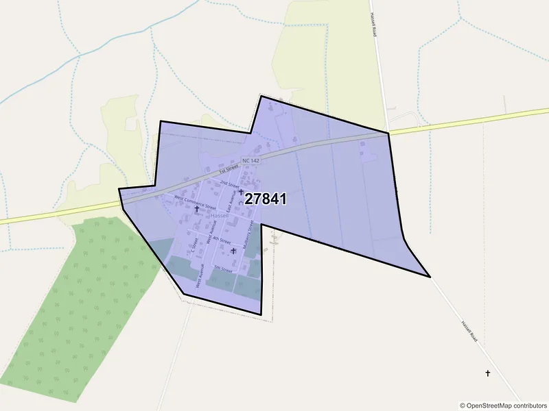 Map of Hassell, North Carolina and ZIP codes