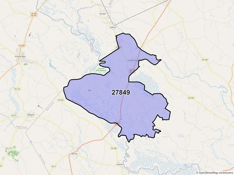 Map of ZIP Code 27849 — Lewiston Woodville, NC