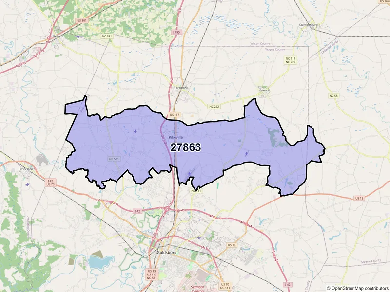 Map of ZIP Code 27863 — Pikeville, NC