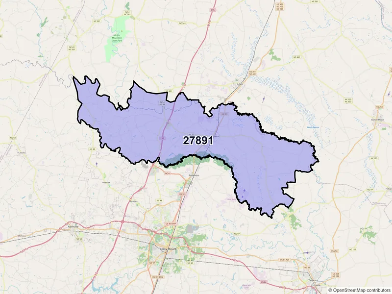 Map of Whitakers, North Carolina and ZIP codes