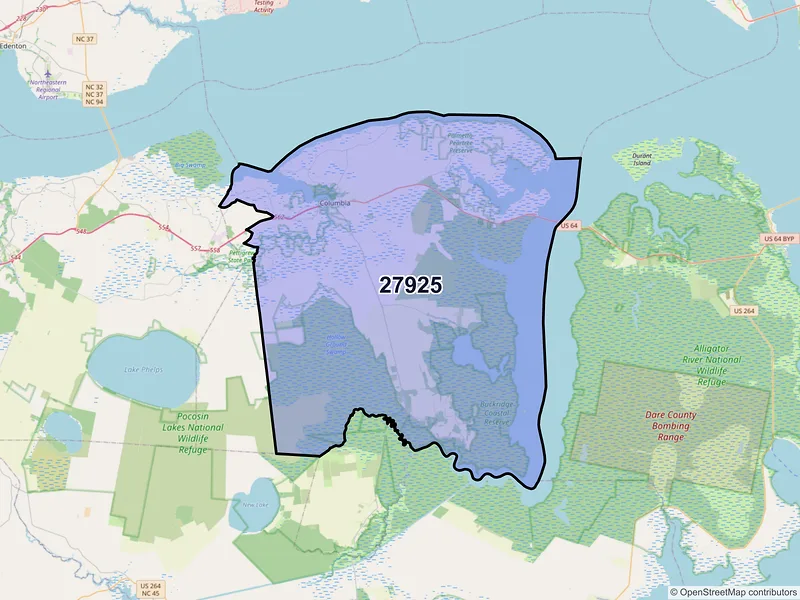 Map of ZIP Code 27925 — Columbia, NC