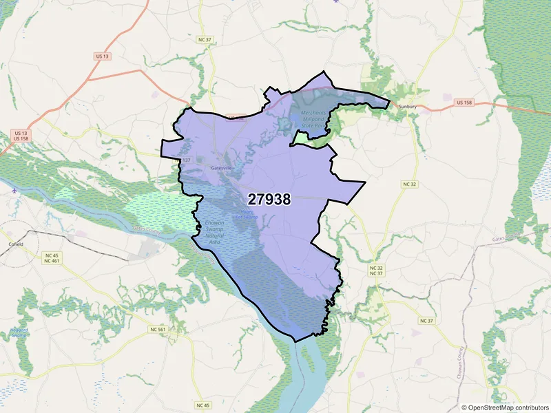 Map of Gatesville, North Carolina and ZIP codes