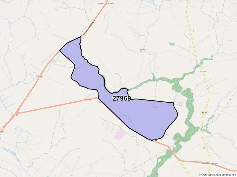 Map of Roduco, North Carolina and ZIP codes
