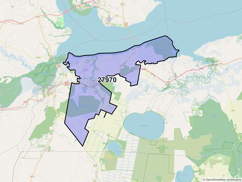 Map of Roper, North Carolina and ZIP codes