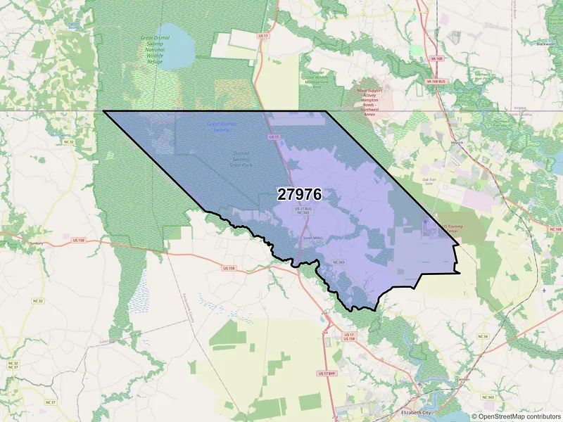 Map of ZIP Code 27976 — South Mills, NC