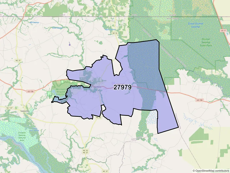 Map of ZIP Code 27979 — Sunbury, NC
