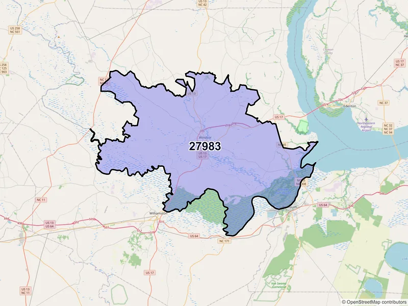 Map of Windsor, North Carolina and ZIP codes