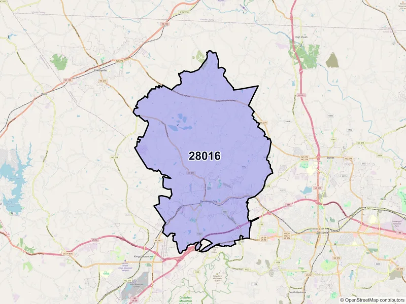 Map of ZIP Code 28016 — Bessemer City, NC