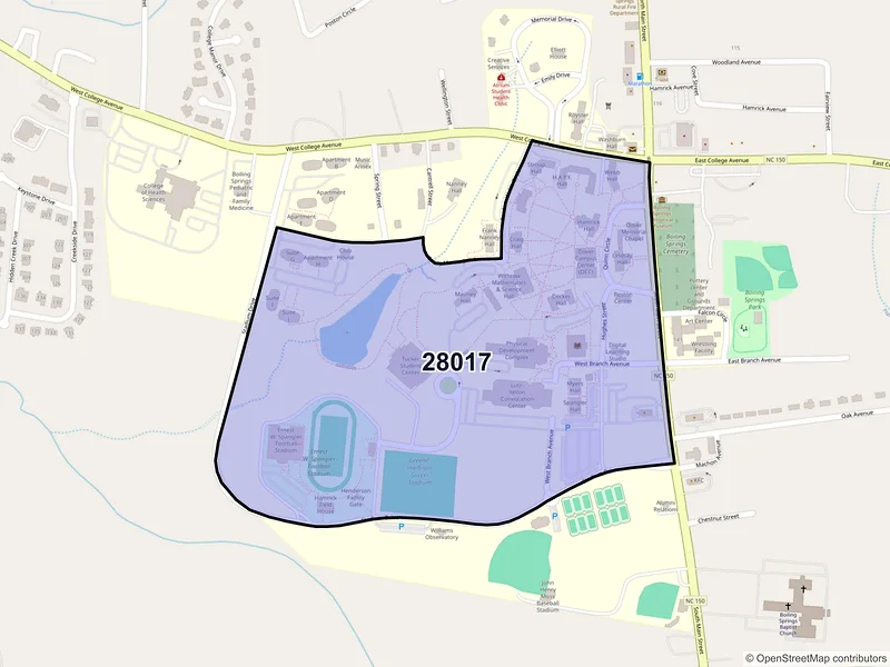 Map of Boiling Springs, North Carolina and ZIP codes