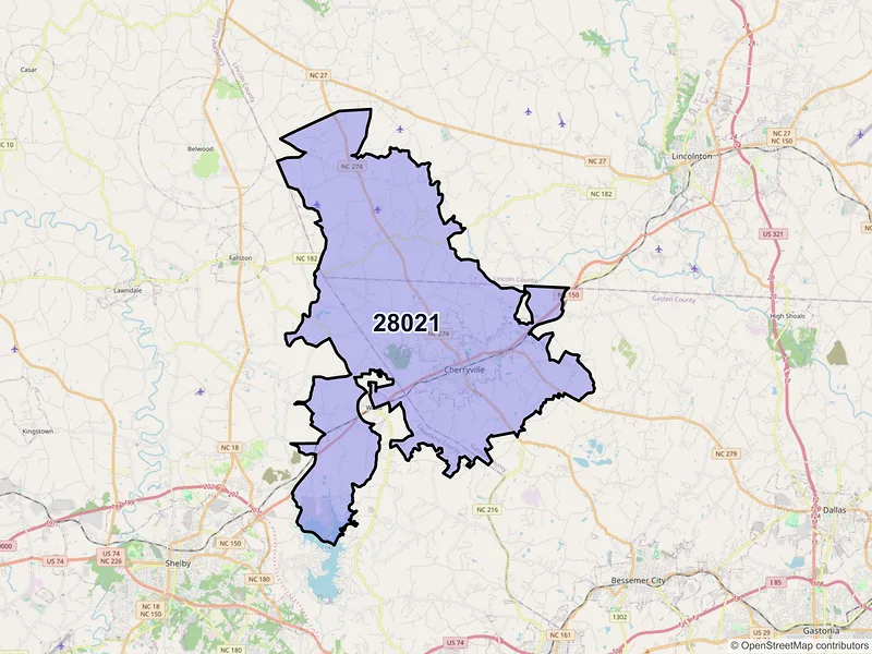 Map of ZIP Code 28021 — Cherryville, NC