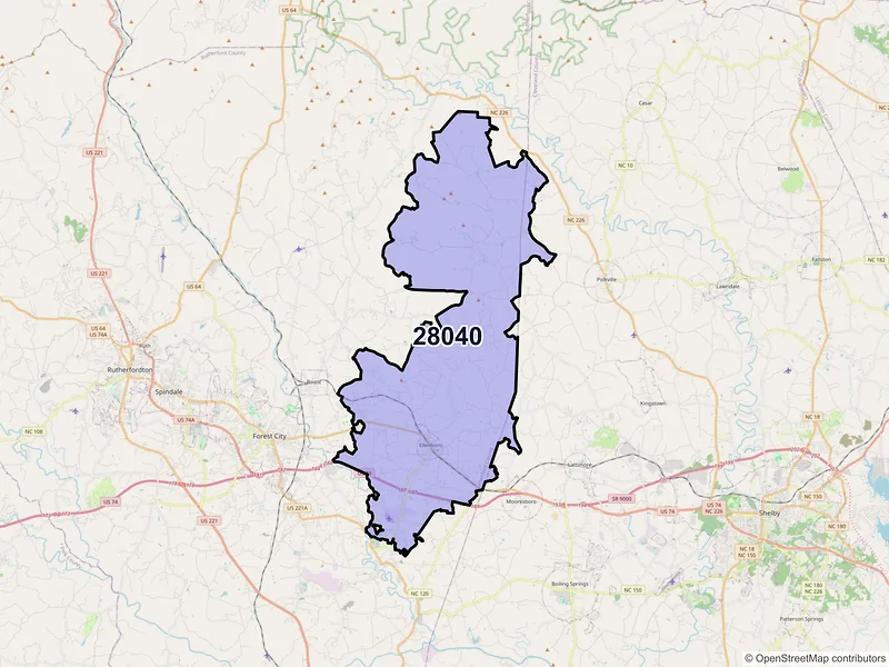 Map of Ellenboro, North Carolina and ZIP codes