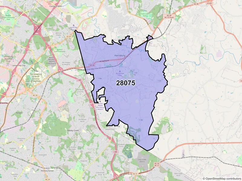 Map of ZIP Code 28075 — Harrisburg, NC