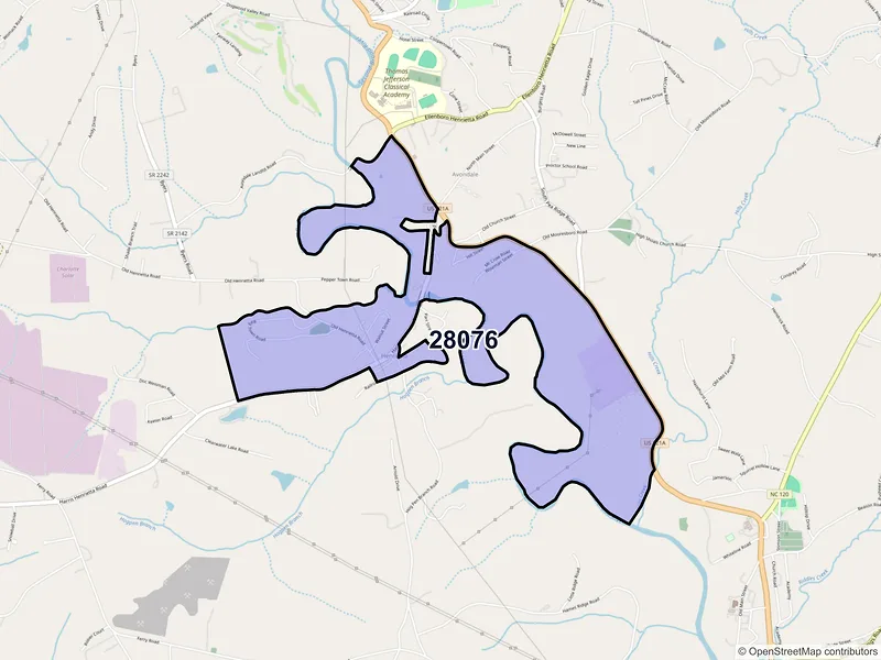 Map of Henrietta, North Carolina and ZIP codes